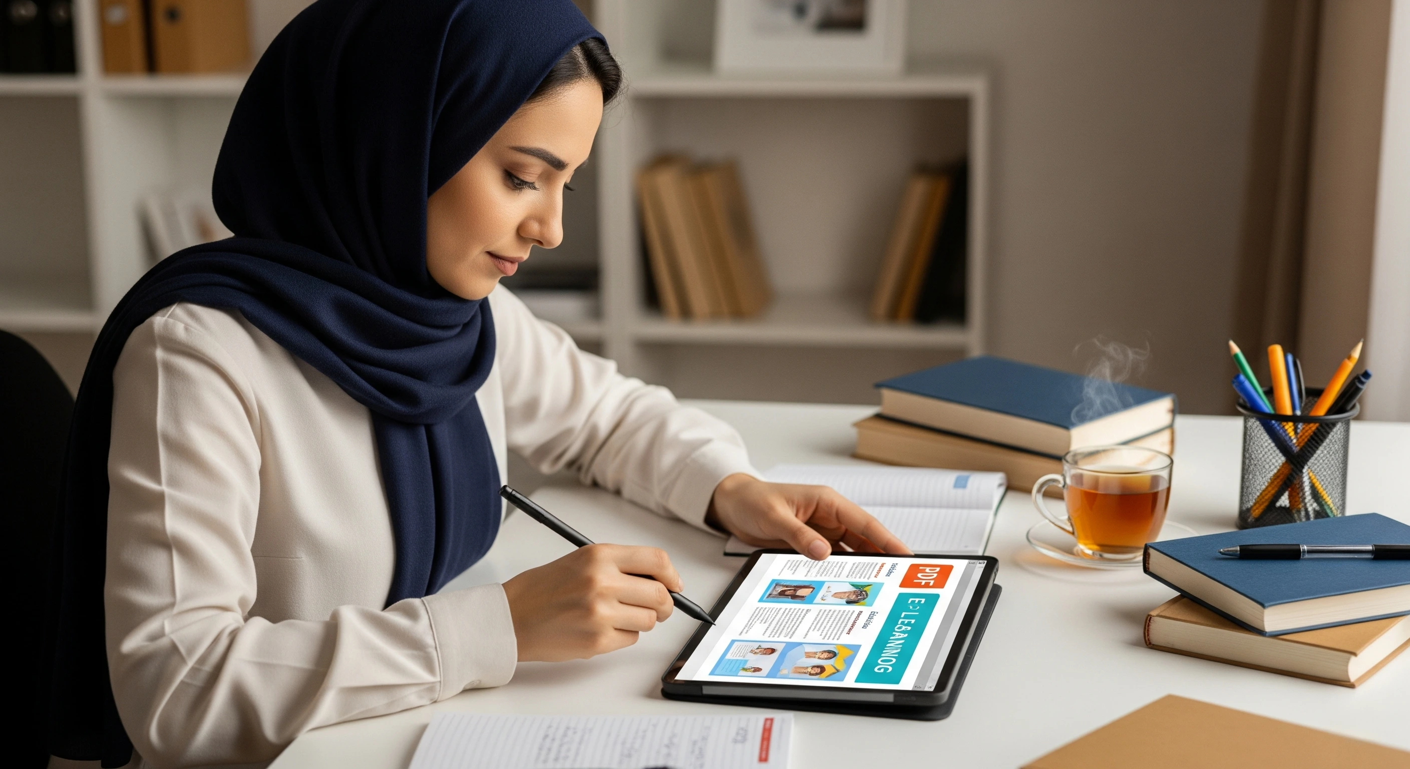 یک معلم در حال مطالعه فایل PDF درسی روی تبلت و یادداشت‌برداری با قلم نوری